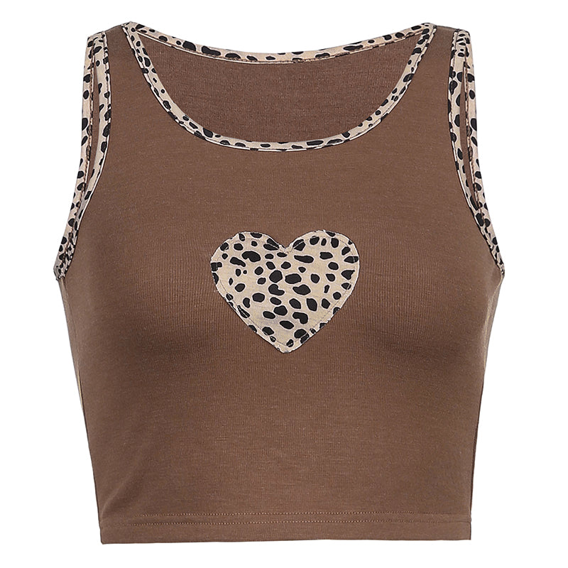 Brown Cute Tops Women Leopard Heart Tank Top